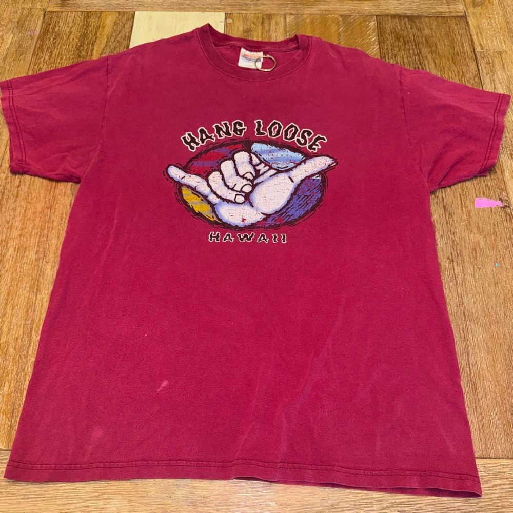 Hanes T-Shirt Mens L Maroon Good Hang Loose Hawaii Shaka Vintage Heavyweight